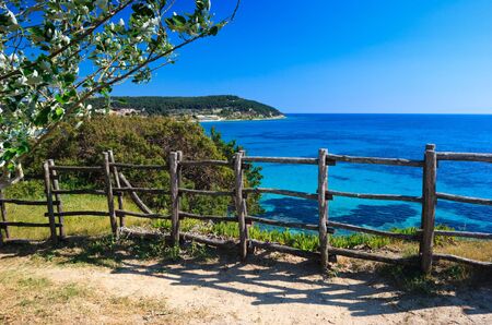 Wooden cliff  fence at Aegean seasideの写真素材