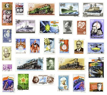 Collection of Soviet Union vintage stamps on white backgroundのeditorial素材