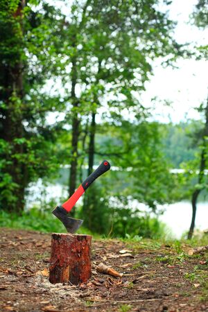 Camping axe stuck in a piece of woodの写真素材