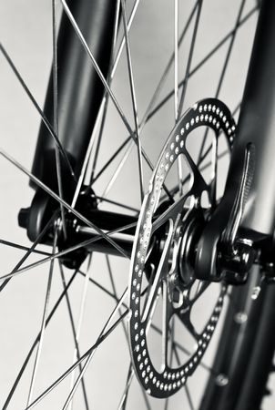 Mountain bike front wheel with mechanical disc brakeの写真素材