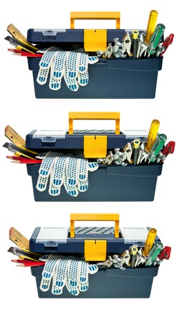Plastic workbox with assorted tools on white backgroundの写真素材