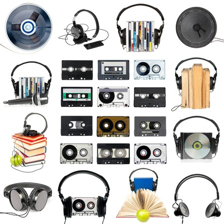 Collection of various audio gear on white backgroundの写真素材