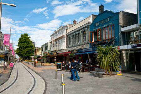 Christchurch, New Zealand - January 20, 2010: Couple walking along the Cashel Street in Christchurch Central City devastated in the 2011 Canterbury earthquakeのeditorial素材