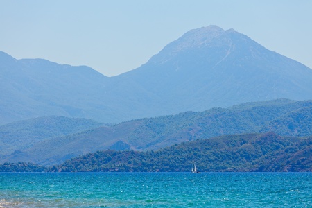 A small sailing yacht in Gulf of Fethiye on  Turkish Mediterraneanの写真素材