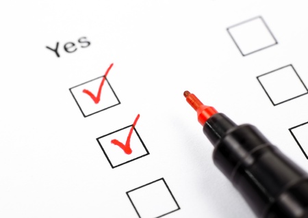 Close up shot of filled check boxes Yes with red penの写真素材