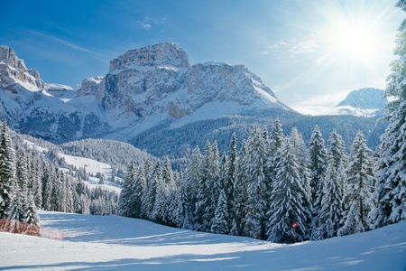 Sunny day at Val Di Fassa ski resort in Italyの写真素材