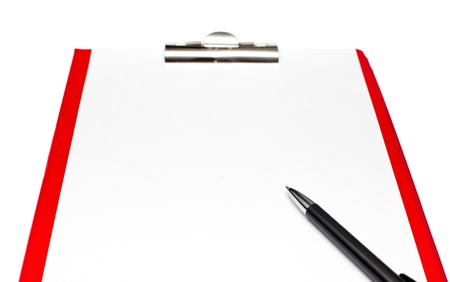 Blank paper sheet on red clipboard with pen on white backgroundの写真素材