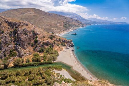 Aerial view of Preveli palm beach and lagoon near Rethymno in Crete,  Greece, Mediterraneanの写真素材