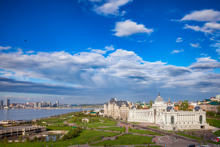 Kazan citycsape with Kazanka River and Ministry of Agriculture (Farmer's Palace) as viewed from the Kazan Kremlin. Kazan is the capital and largest city of Tatarstan Republic, Russiaのeditorial素材