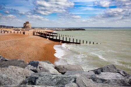 Small coastal defensive fort Martello tower, a British seacoast defense during the Napoleonic Wars, Eastbourne, Sussex, South East England, UKの写真素材