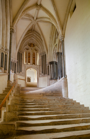 Wear-out stairs to the Chapter House and Vicars Close of Wells Cathedral (Cathedral Church of Saint Andrew) in Somerset, South West England, UKのeditorial素材
