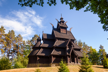 Reconstructed wooden Gol Stave Church (Gol Stavkyrkje) in Norwegian Museum of Cultural History at Bygdoy peninsula in Oslo, Norway, Scandanaviaのeditorial素材