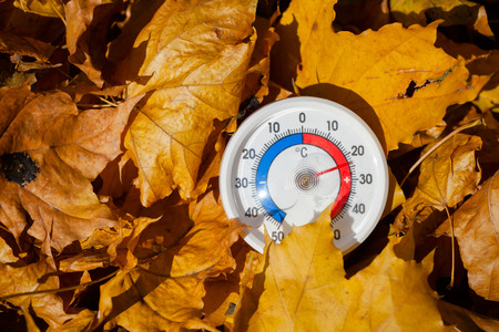 Outdoor thermometer  with celsius scale in golden maple leaves showing warm temperature - hot indian summer or global warming conceptの写真素材