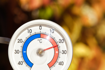 Outdoor thermometer  with celsius scale showing warm temperature - hot indian summer or global...