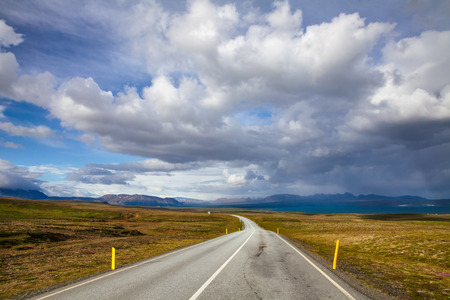 Thingvallavegur (Route 36) road through Thingvellir national park, a part of the Golden Circle Tourist Route in Southwestern Iceland, Scandinaviaの写真素材