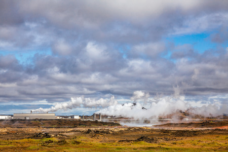 Steaming Reykjanes Power Station (Reykjanesvirkjun), part of the Blue Diamond tourist route in Reykjanes Peninsula, Southern Icelandの写真素材