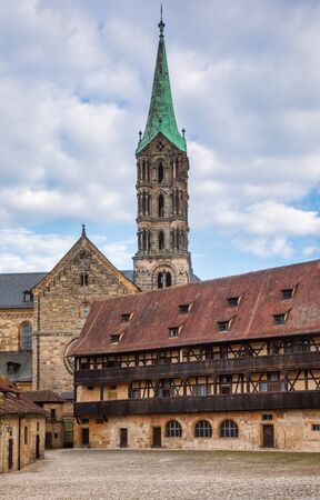 Alte Hofhaltung (Old courtyard), a former residence of the bishops now Historic museum, Bamberg Old Town, Bavaria, Germany, Europe. Bamberg Cathedral is seen in background. Bamberg is one of most popular travel destinations in Germany.のeditorial素材