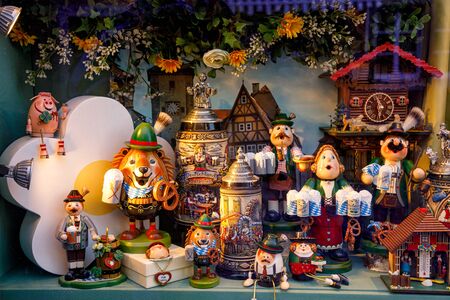 Rothenburg ob der Tauber, Germany - May 9, 2019: Souvenir shop window displaying various bavarian...