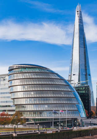 View from the Tower Bridge to southern bank of the River Thames with City Hall and Shard skyscraper, London, UKのeditorial素材