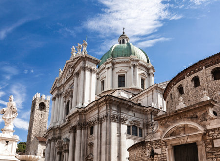 Romanesque circular Old Cathedral (Duomo Vecchio) or La Rotonda and Baroque New Cathedral (Duomo Nuovo) in Brescia, Lombardy, Northern Italyのeditorial素材