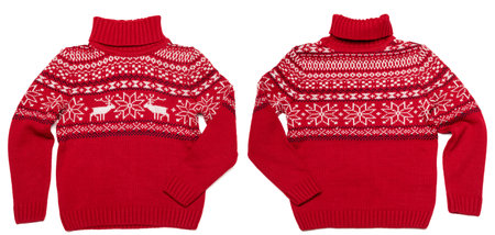 Children's warm Christmas turtleneck jumper (Ugly sweater) with Norwegian knitted rose pattern (Selburose) ornament front and back on white backgroundの写真素材