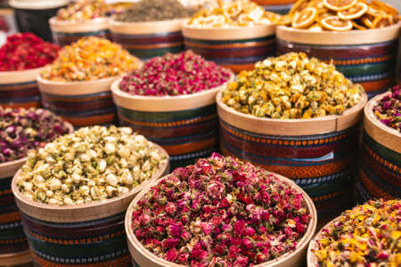 Various turkish floral fruit tea for sale at Grand Bazaar, Istanbul, Turkeyの写真素材