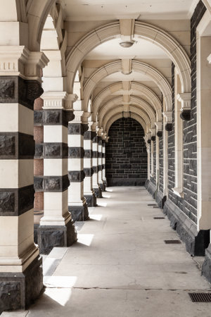 Flemish renaissance style arched walkway of historic Dunedin Railway Station in South Island of New Zealandのeditorial素材