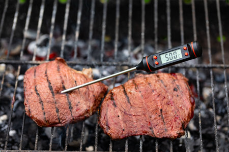 Close-up shot of digital meat thermometer inside grilled steak on barbecue showing 50 degrees Celsius for rare doneness of beefの写真素材