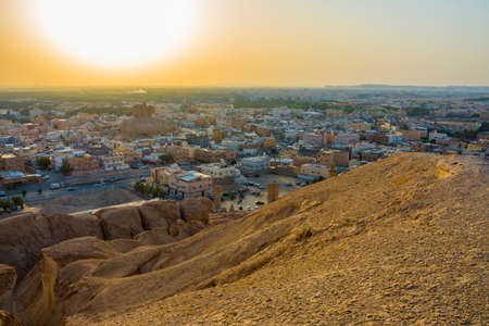 Al-Qarah village sunset cityscape from Al-Qarah mountain, Al Hofuf Saudi arabiaの写真素材