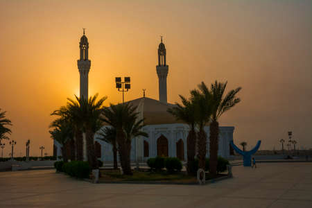 Mosque and minaret in sunset background, Located in Jeddah, Saudi arabiaの写真素材