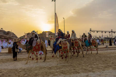 Camels march in Souk okaz historical festival in Taif, Saudi arabia (29-06-2018). The Souk Okaz festival in Taif is the re-birth of an ancient Arabian market dating back to Pre-Islamic times.のeditorial素材