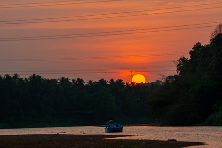 Sunset in Kunthi river, Vilayur, Palakkad, Kerala, Indiaの写真素材
