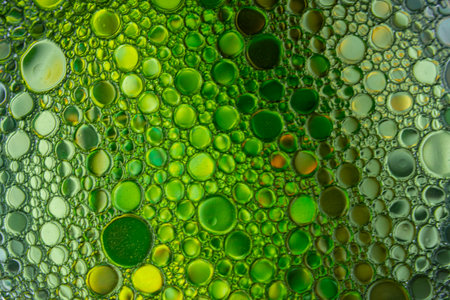 Bright and unique oil drops, circles on the water surface. Unusual background. Colorful background...