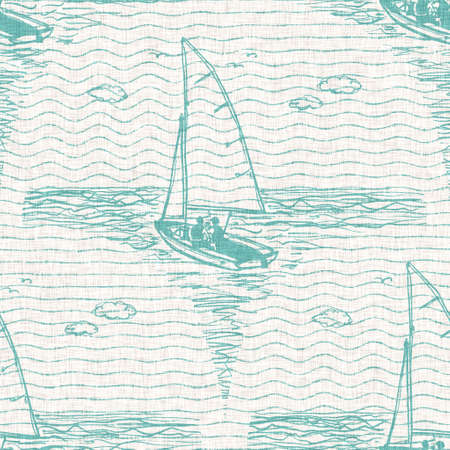 Aegean teal sailboat linen nautical seamless background with wave texture. Summer coastal living style home decor. Marine sailing yacht regatta style. Turquoise blue dyed washed textile pattern.の写真素材
