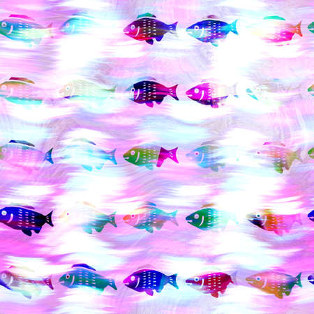 Batik fish tie dye wash background. Mottled underwater swimming fishes for beach swimwear. Fun summer trendy beach fashion print. Digital fluid watercolor effect. High resolution seamless pattern.の写真素材
