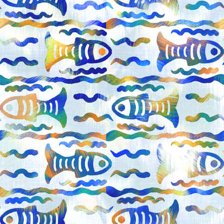 Batik fish tie dye wash background. Mottled underwater swimming fishes for beach swimwear. Fun summer trendy beach fashion print. Digital fluid watercolor effect. High resolution seamless pattern.の写真素材