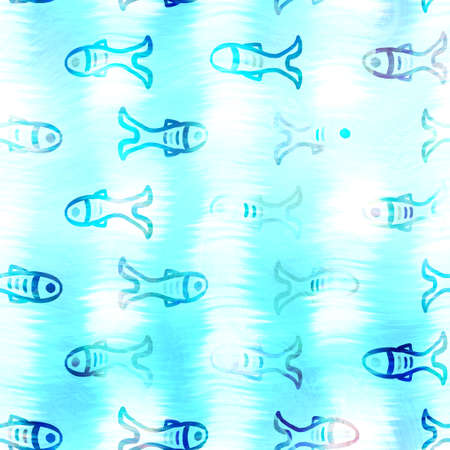 Batik fish tie dye wash background. Mottled underwater swimming fishes for beach swimwear. Fun summer trendy beach fashion print. Digital fluid watercolor effect. High resolution seamless pattern.の写真素材