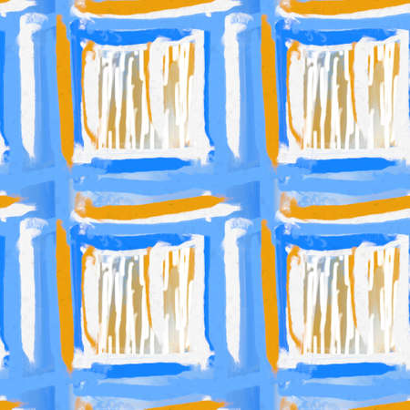 Blue yellow textured paint brush pattern. Modern imperfect fun seamless background for coastal living fabric textile. Hand drawn all over print with artistic watercolor style.の写真素材