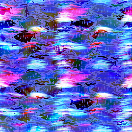 Batik fish tie dye wash background. Mottled underwater swimming fishes for beach swimwear. Fun summer trendy beach fashion print. Digital fluid watercolor effect. High resolution seamless pattern.の写真素材