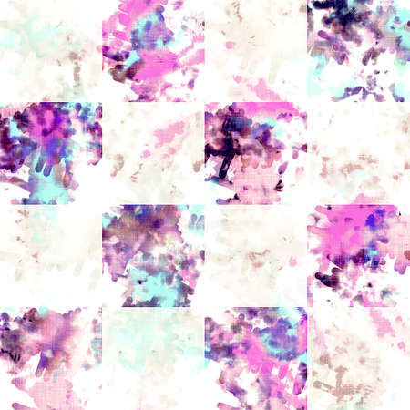 Checkerboard summer tie dye batik beach wear pattern. Seamless stain check space dyed effect fashion. Washed out quilt patchwork soft furnishing background.の写真素材