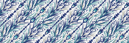 Aegean teal floral border strip linen texture background. Summer coastal living style home decor...