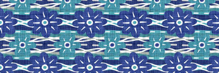 Aegean teal floral border strip linen texture background. Summer coastal living style home decor...