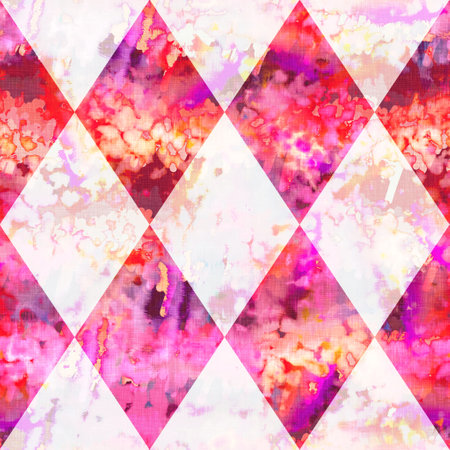 Diamond checkerboard summer tie dye batik beach wear pattern. Seamless stain harlequin check space dyed effect fashion. Washed out quilt patchwork soft furnishing background.の写真素材
