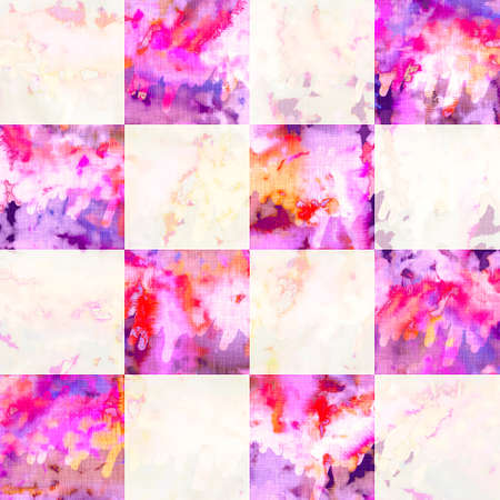Checkerboard summer tie dye batik beach wear pattern. Seamless stain check space dyed effect fashion. Washed out quilt patchwork soft furnishing background.の写真素材