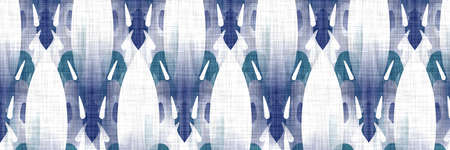 Aegean teal geometric border strip linen texture background. Summer coastal living style home decor fabric effect. Sea green wash grunge edge material. Decorative textile geo seamless pattern banner.の写真素材