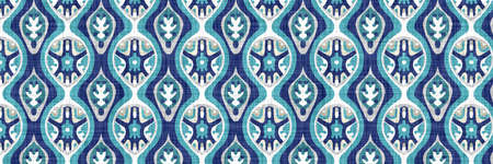 Aegean teal geometric border strip linen texture background. Summer coastal living style home decor...