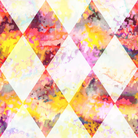 Diamond checkerboard summer tie dye batik beach wear pattern. Seamless stain harlequin check space dyed effect fashion. Washed out quilt patchwork soft furnishing background.の写真素材