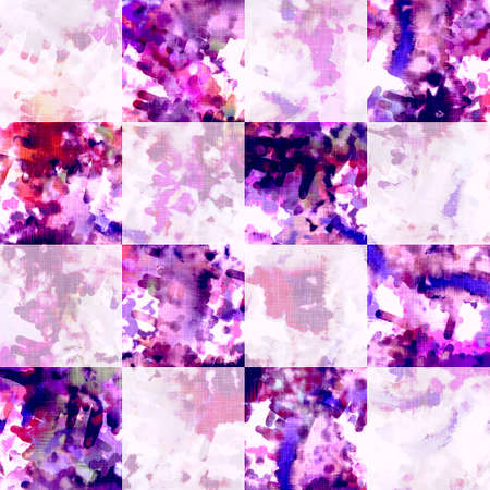 Checkerboard summer tie dye batik beach wear pattern. Seamless stain check space dyed effect...