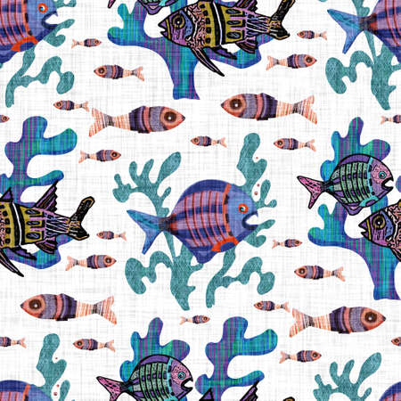 Whimsical fish riso print seamless pattern. Colorful cute under the sea swimming tropical fishes. Childish riso screen print effect. Playful summer beach vacation kid illustration background.の写真素材