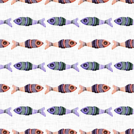 Whimsical fish riso print seamless pattern. Colorful cute under the sea swimming tropical fishes. Childish riso screen print effect. Playful summer beach vacation kid illustration background.の写真素材